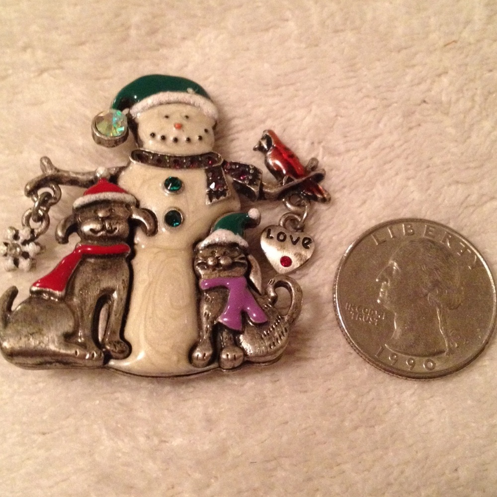 Holiday Snowman Brooch Pin | Swarovski Crystal Snowman w/ Dog & Cat Silver Tone - Picture 3 of 4
